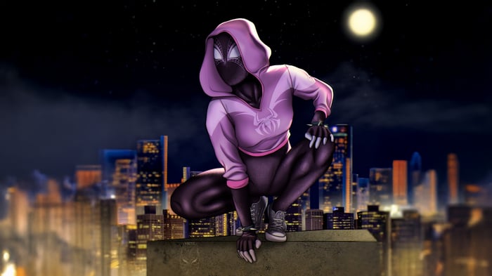 Spider-Woman in a pink hoodie crouches on a rooftop at night