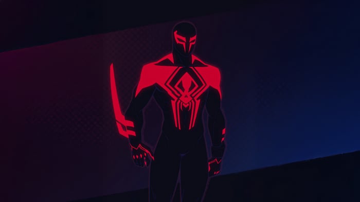 Spider-Man 2099 in a dark, futuristic setting