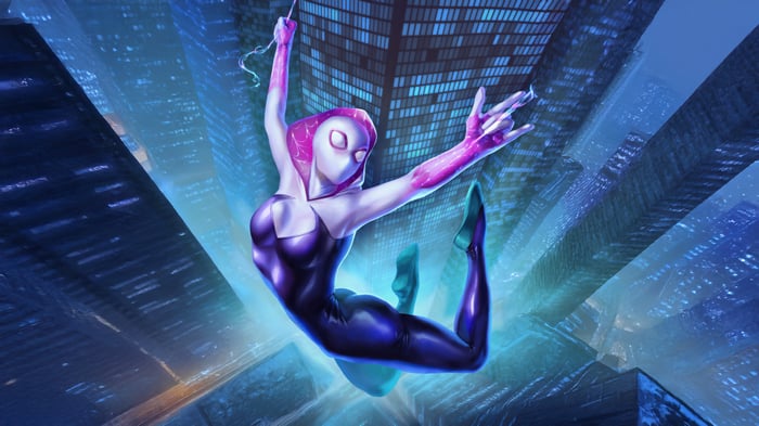 Gwen Stacy Swinging Through a Cityscape