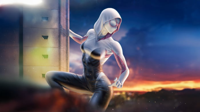 Spider-Gwen on a building at sunset
