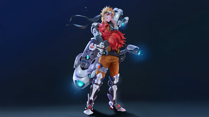 Naruto Uzumaki with robotic enhancements and Kurama