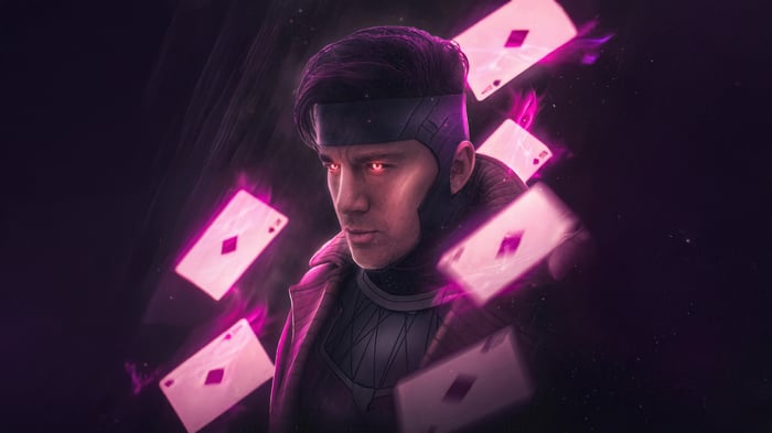 Gambit with glowing eyes and cards