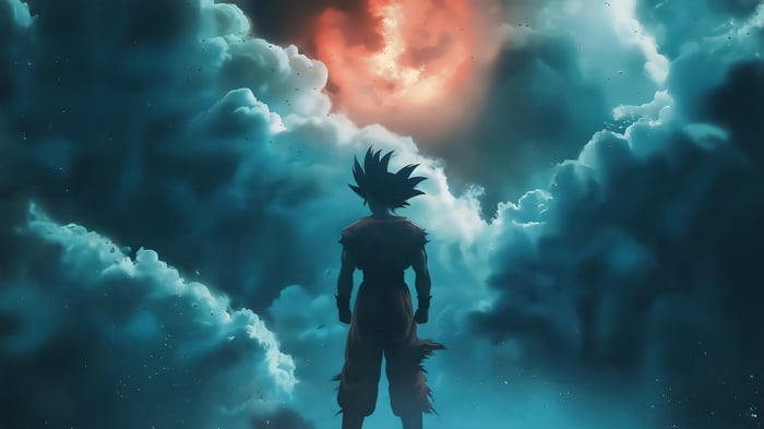 Goku standing in front of dramatic clouds