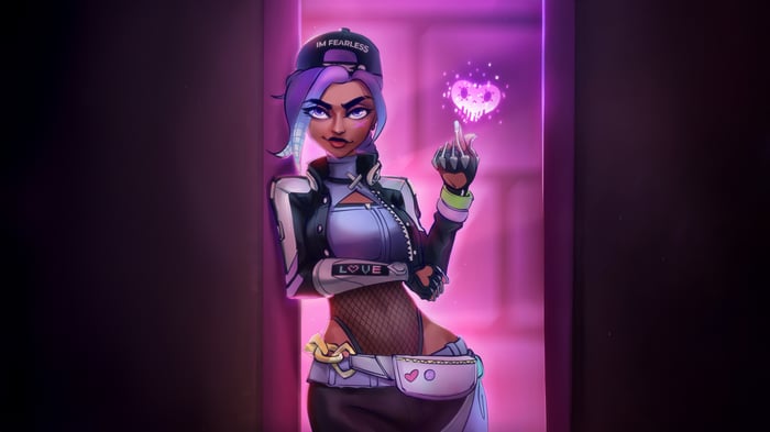 Cyberpunk woman with purple hair and a cap