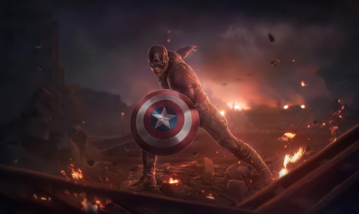 Captain America in a fiery battlefield