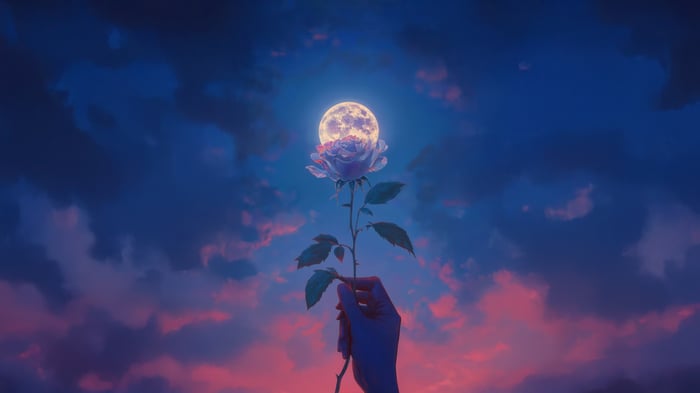 A rose with the moon behind it