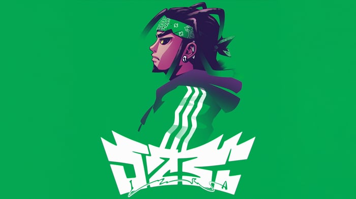 Rapper with green bandana and Adidas tracksuit