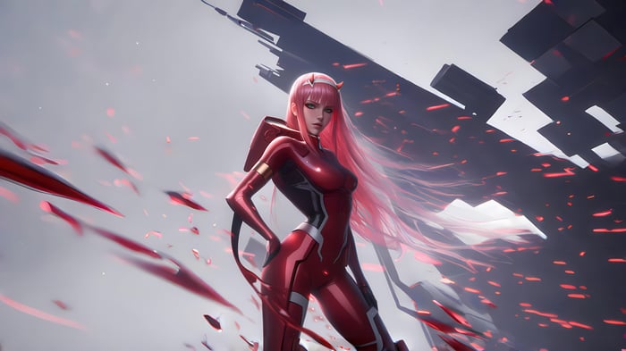 Zero Two in a red cyber suit with pink hair