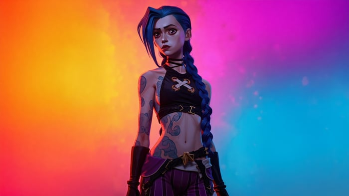 Jinx from Arcane with colorful background