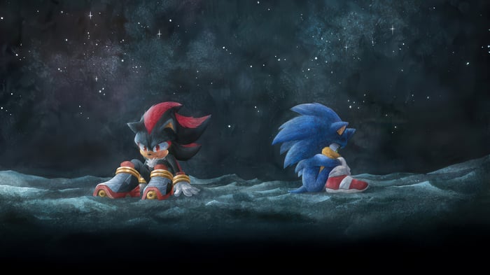 Sonic and Shadow sitting in a dark, starry environment