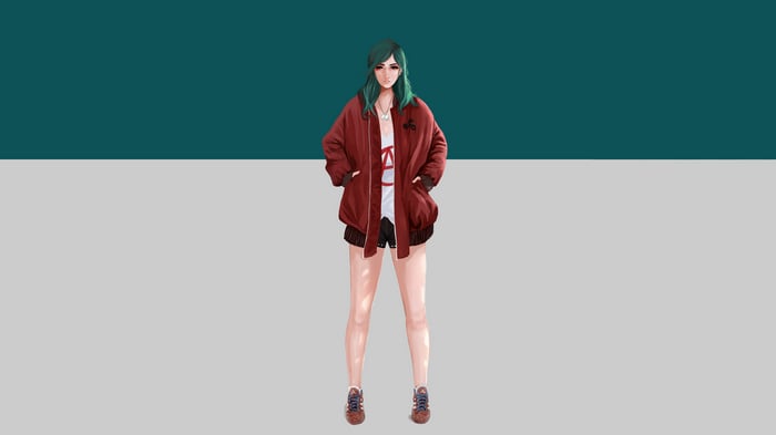 Girl in a red jacket and shorts
