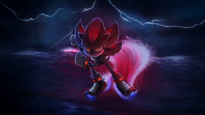 Shadow the Hedgehog running with red energy trail