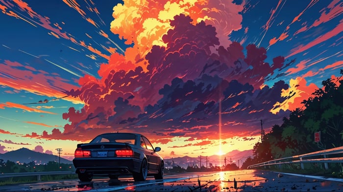 Car driving on a mountain highway at sunset