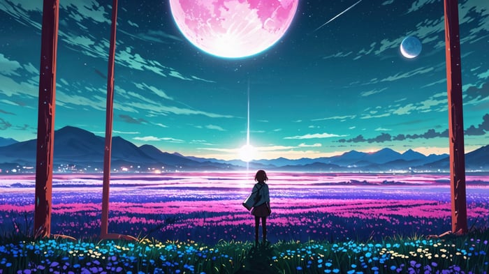 Girl Following A Shining Star Over Flower Field