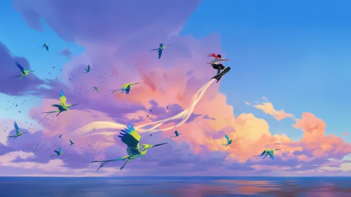 A person surfs through a sky filled with birds