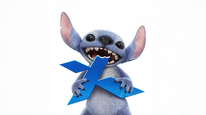 Stitch biting a blue X symbol