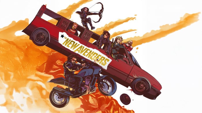The New Avengers in a Red Car and Motorcycle