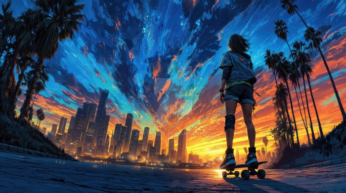 Skater on a skateboard against a vibrant city skyline at sunset