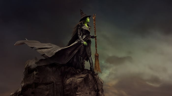 Elphaba from Wicked on a rocky outcrop