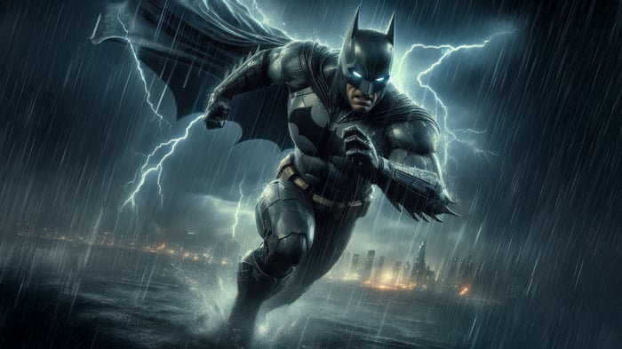 Batman running in a thunderstorm