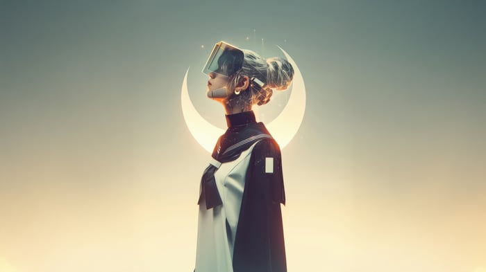Girl Wearing VR Headset with Crescent Moon