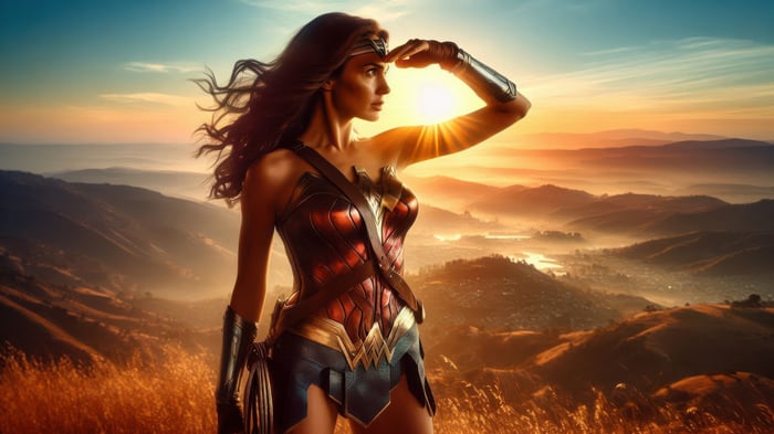 Wonder Woman looking out over a valley at sunset
