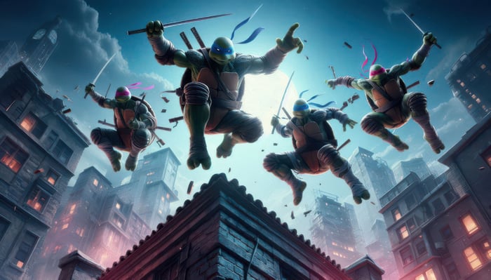 Teenage Mutant Ninja Turtles leaping over city buildings