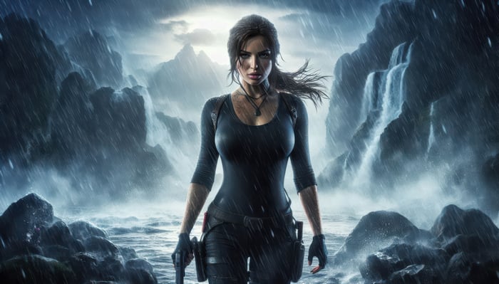 Lara Croft in a stormy landscape