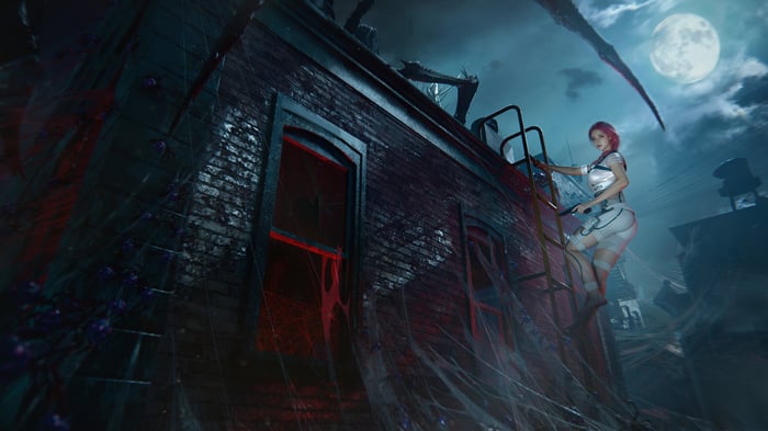 Once Human: Woman climbing a ladder on a spooky building