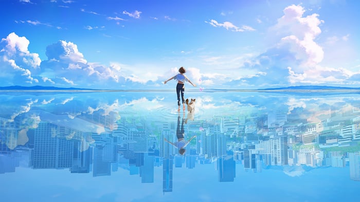 Girl and dog in a surreal city reflection