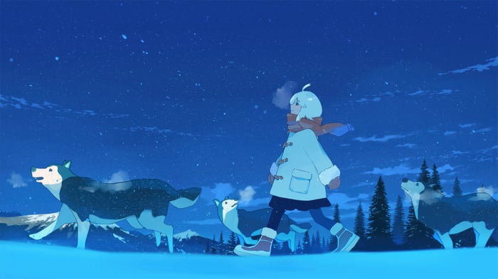 Girl and wolves walking in a snowy forest at night