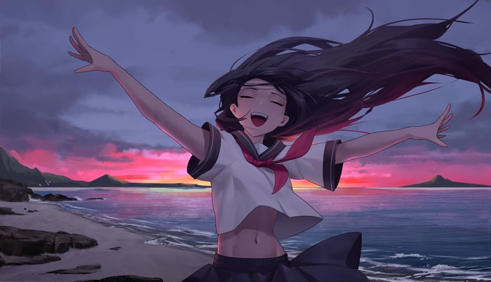 Anime girl in school uniform on a beach at sunset