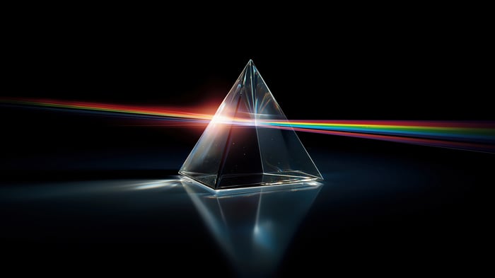 Prism refracting light into a rainbow spectrum