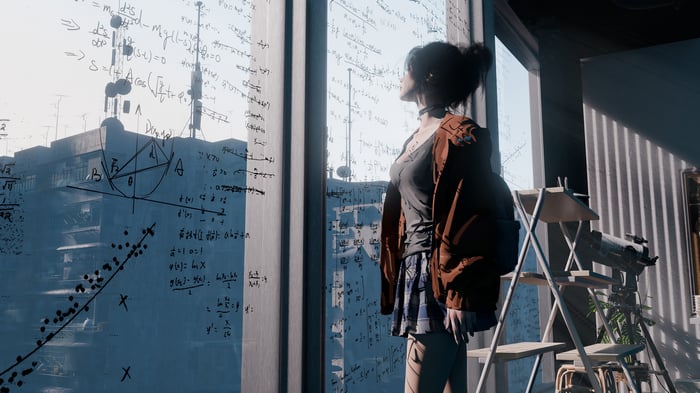 Woman Looking at Equations on Window