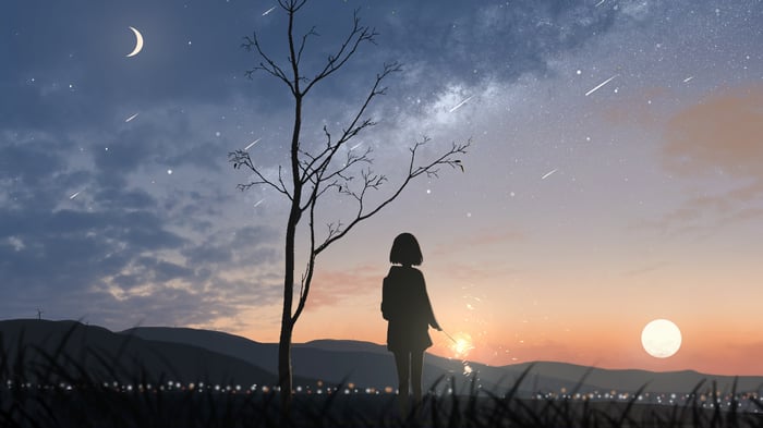 Anime girl with sparkler under starry sky