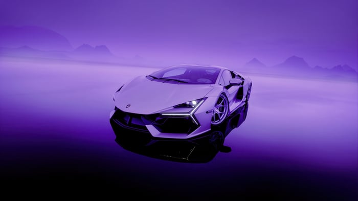Lamborghini Revuelto in a purple landscape