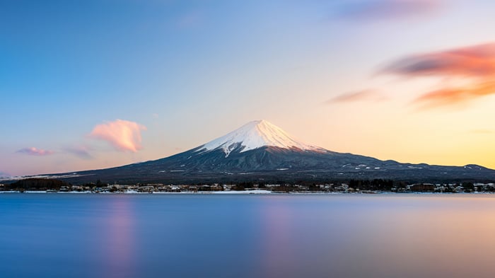 Mount Fuji across reflective waters at sunset