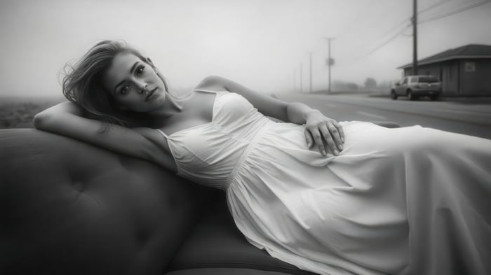 Girl in a white dress lying on a couch