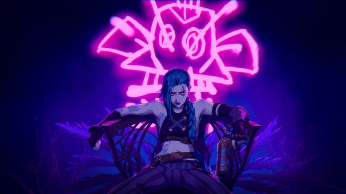 Jinx sits on a throne with a neon symbol behind her