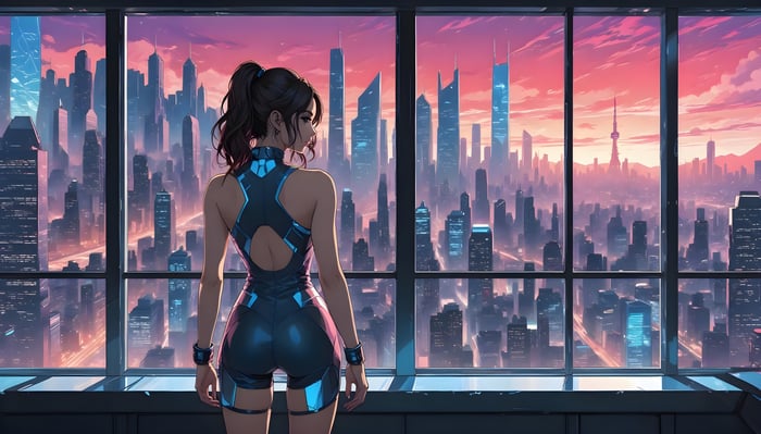 Woman in futuristic outfit overlooking a city skyline