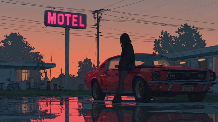 Girl and red car at a motel at sunset