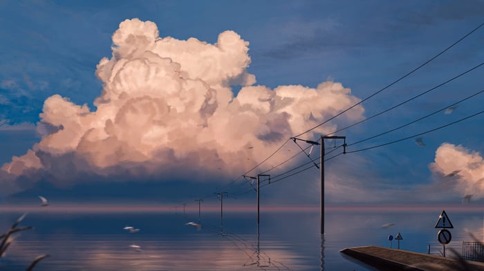 Telephone poles and wires over water with clouds