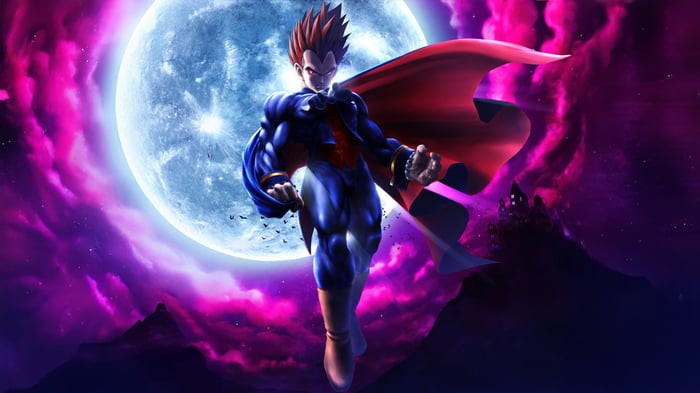 Vegeta in a Superman-like costume with a red cape