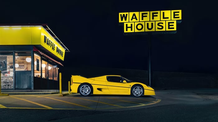 Yellow Ferrari F50 at Waffle House at Night
