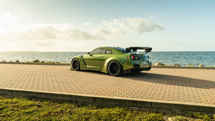 Green Nissan GTR Libertywalk by the Ocean