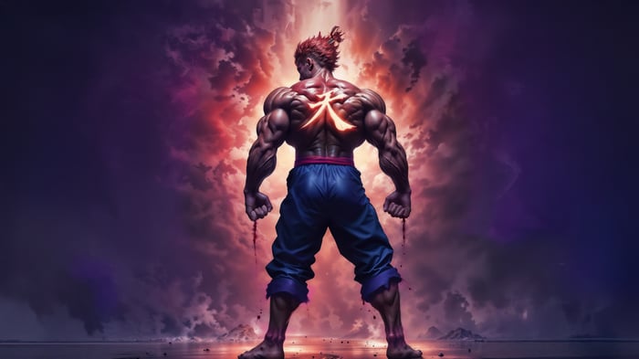 Akuma from Street Fighter with glowing symbol
