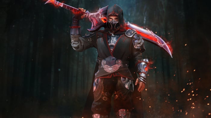 Assassin with glowing red sword in forest