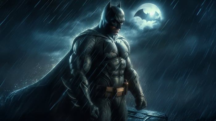 Batman in the Rain with Bat-Signal Moon