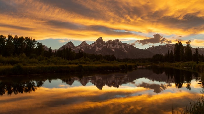 Grand Teton National Park at sunset with river reflection