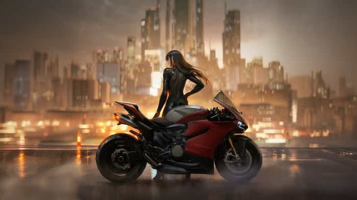 Cyberpunk Huntress on a Motorcycle Overlooking Metropolis